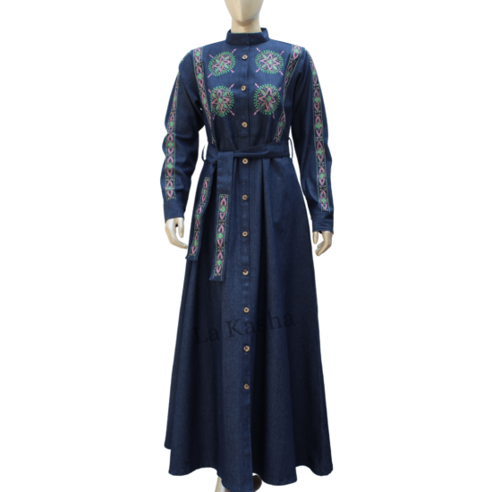 Abaya jacket for women in stretch denim, Bulgarian traditional embroidery